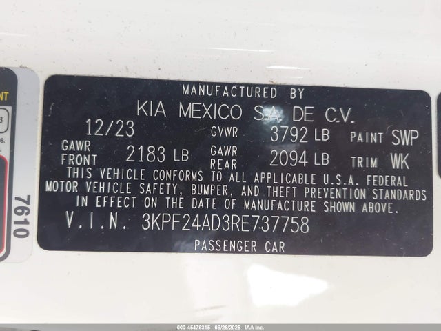 45478315 :رقم المزاد ، 3KPF24AD3RE737758 vin ، 2024 Kia Forte Lxs مزاد بيع