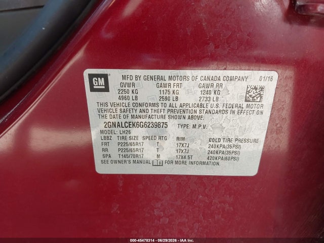 2016 Chevrolet Equinox Lt მანქანა იყიდება აუქციონზე, vin: 2GNALCEK6G6239875, აუქციონის ნომერი: 45478314