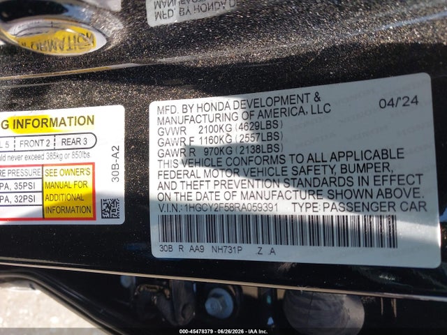 Продажа на аукционе авто 2024 Honda Accord Hybrid Sport, vin: 1HGCY2F58RA059391, номер лота: 45478379