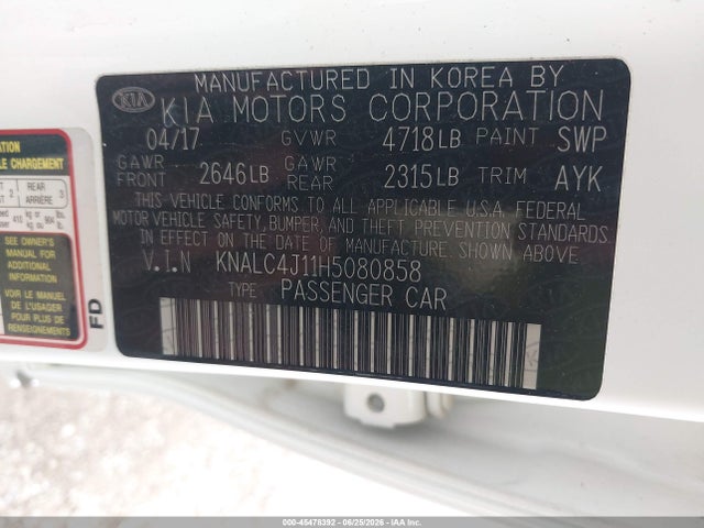 2017 Kia Cadenza Premium მანქანა იყიდება აუქციონზე, vin: KNALC4J11H5080858, აუქციონის ნომერი: 45478392