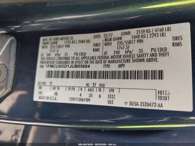 Ford ESCAPE SE 2018 1FMCU9GD1JUB05604 Image 9