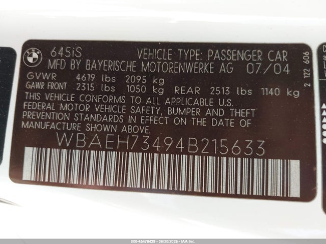 Продаж на аукціоні авто 2004 Bmw 645ci, vin: WBAEH73494B215633, номер лоту: 45478429