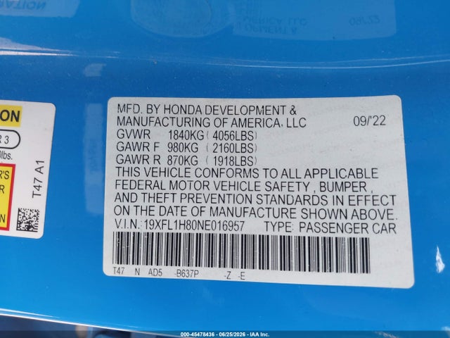 45478436 :رقم المزاد ، 19XFL1H80NE016957 vin ، 2022 Honda Civic Sport Touring مزاد بيع