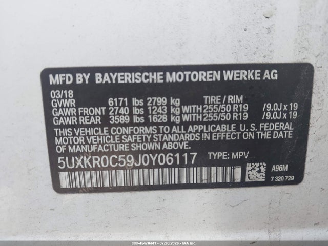 Aukcja sprzedaży 2018 Bmw X5 Xdrive35i, vin: 5UXKR0C59J0Y06117, numer aukcji: 45478441
