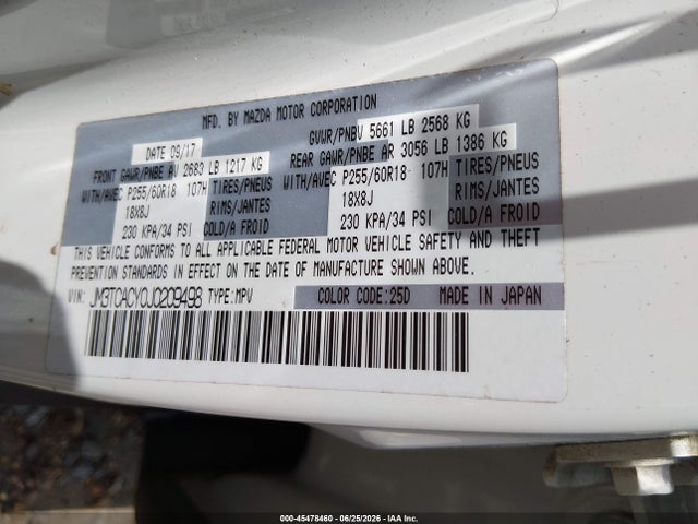 2018 Mazda Cx-9 Touring მანქანა იყიდება აუქციონზე, vin: JM3TCACY0J0209498, აუქციონის ნომერი: 45478460