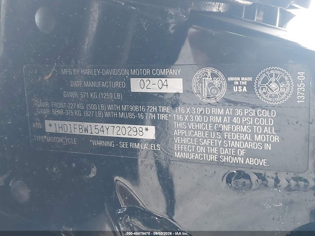 2004 Harley-davidson Flhri მანქანა იყიდება აუქციონზე, vin: 1HD1FBW154Y720298, აუქციონის ნომერი: 45478470