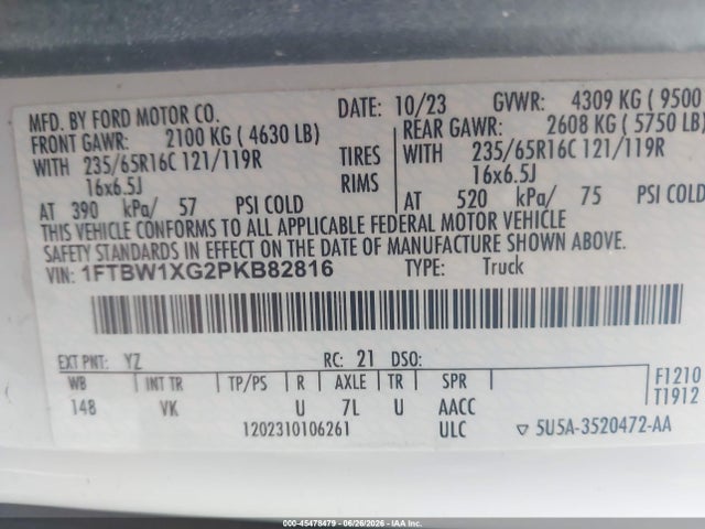 45478479 :رقم المزاد ، 1FTBW1XG2PKB82816 vin ، 2023 Ford Transit-350 مزاد بيع
