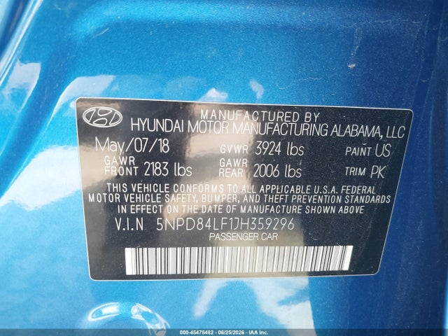 5NPD84LF1JH359296 Hyundai ELANTRA SEL
