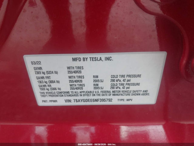 Aukcja sprzedaży 2022 Tesla Model Y Long Range Dual Motor All-wheel Drive, vin: 7SAYGDEE6NF395792, numer aukcji: 45478485