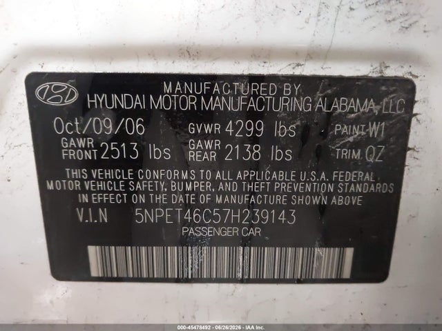 Продаж на аукціоні авто 2007 Hyundai Sonata Gls/gls W/xm, vin: 5NPET46C57H239143, номер лоту: 45478492