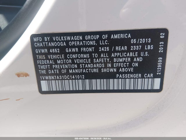 2013 Volkswagen Passat 2.0l Tdi Se მანქანა იყიდება აუქციონზე, vin: 1VWBN7A31DC141012, აუქციონის ნომერი: 45478506