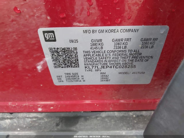 2026 Chevrolet Trax Fwd 2rs მანქანა იყიდება აუქციონზე, vin: KL77LJEP4TC028255, აუქციონის ნომერი: 45478525