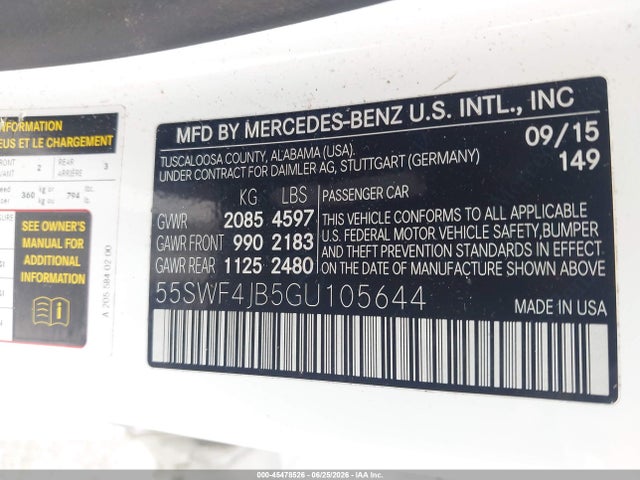 Aukcja sprzedaży 2016 Mercedes-benz C 300, vin: 55SWF4JB5GU105644, numer aukcji: 45478526