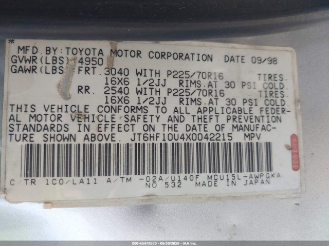 45478530 :رقم المزاد ، JT6HF10U4X0042215 vin ، 1999 Lexus Rx 300 مزاد بيع