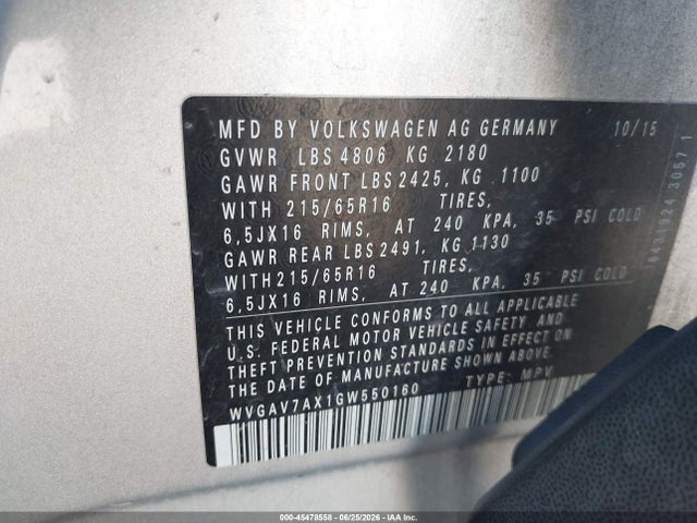 Aukcja sprzedaży 2016 Volkswagen Tiguan S, vin: WVGAV7AX1GW550160, numer aukcji: 45478558