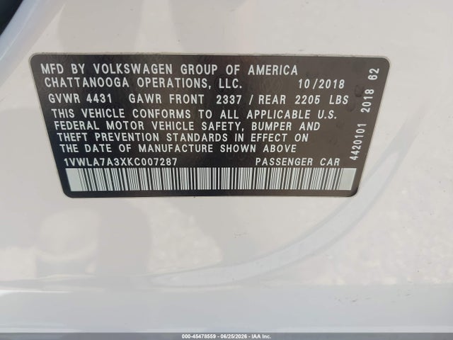 45478559 :رقم المزاد ، 1VWLA7A3XKC007287 vin ، 2019 Volkswagen Passat 2.0t Wolfsburg Edition مزاد بيع