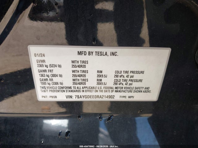 45478562 :رقم المزاد ، 7SAYGDEE0RA214902 vin ، 2024 Tesla Model Y Long Range Dual Motor All-wheel Drive مزاد بيع