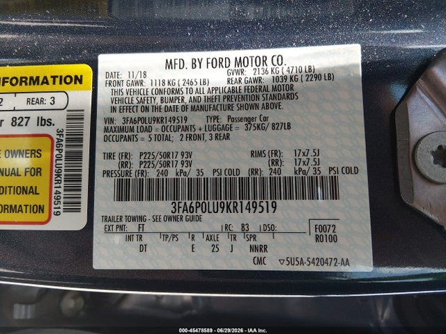 Ford Fusion Hybrid Se 2019 3FA6P0LU9KR149519 Image 9