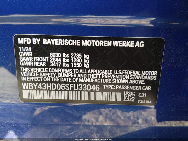 2025 Bmw I4 Gran Coupe Xdrive40 მანქანა იყიდება აუქციონზე, vin: WBY43HD06SFU33046, აუქციონის ნომერი: 45478601