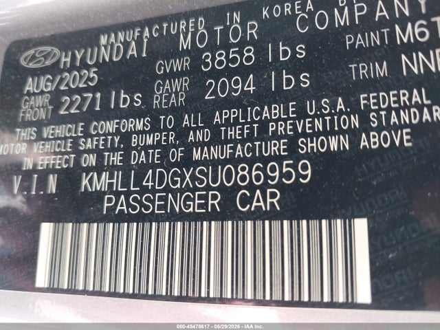 45478617 :رقم المزاد ، KMHLL4DGXSU086959 vin ، 2025 Hyundai Elantra Se مزاد بيع