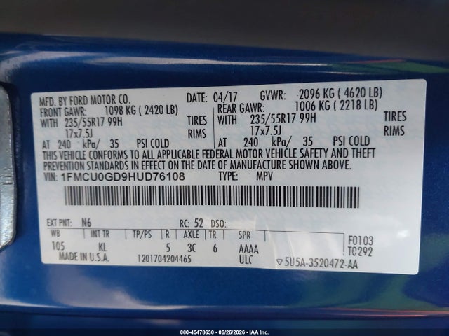 Ford ESCAPE SE 2017 1FMCU0GD9HUD76108 Image 9