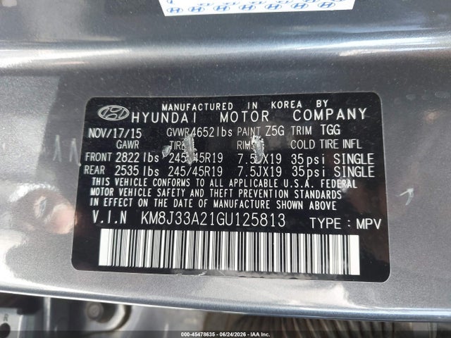 45478635 :رقم المزاد ، KM8J33A21GU125813 vin ، 2016 Hyundai Tucson Sport مزاد بيع