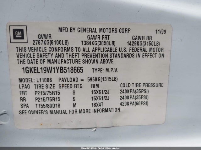 Продаж на аукціоні авто 2000 Gmc Safari Sl, vin: 1GKEL19W1YB518665, номер лоту: 45478638