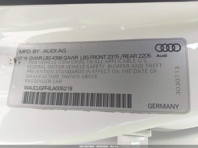 Продаж на аукціоні авто 2020 Audi A3 Premium Plus 40 Tfsi Front-wheel Drive S Tronic, vin: WAUCUGFF4LA005218, номер лоту: 45478642