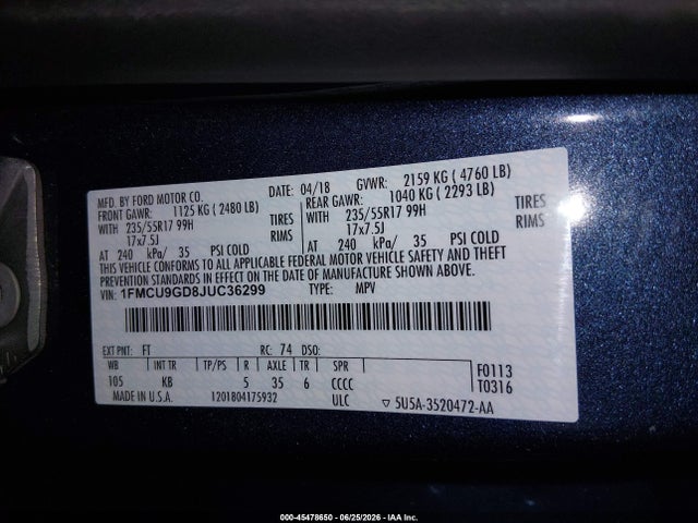 2018 Ford Escape Se მანქანა იყიდება აუქციონზე, vin: 1FMCU9GD8JUC36299, აუქციონის ნომერი: 45478650