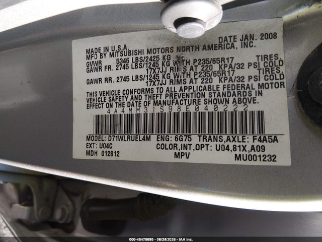 2008 Mitsubishi Endeavor Se მანქანა იყიდება აუქციონზე, vin: 4A4MM31S98E040222, აუქციონის ნომერი: 45478680