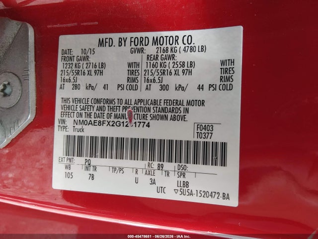 Продаж на аукціоні авто 2016 Ford Transit Connect Xlt, vin: NM0AE8FX2G1251774, номер лоту: 45478681
