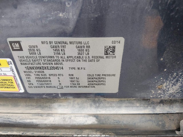 45478682 :رقم المزاد ، 1GNKVHKDXEJ284514 vin ، 2014 Chevrolet Traverse Lt مزاد بيع
