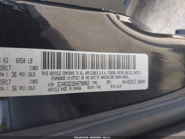 2017 Dodge Grand Caravan Gt მანქანა იყიდება აუქციონზე, vin: 2C4RDGEG9HR790863, აუქციონის ნომერი: 45478730