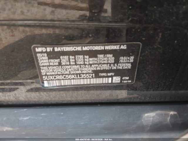 45478749 :رقم المزاد ، 5UXCR6C56KLL35521 vin ، 2019 Bmw X5 Xdrive40i مزاد بيع
