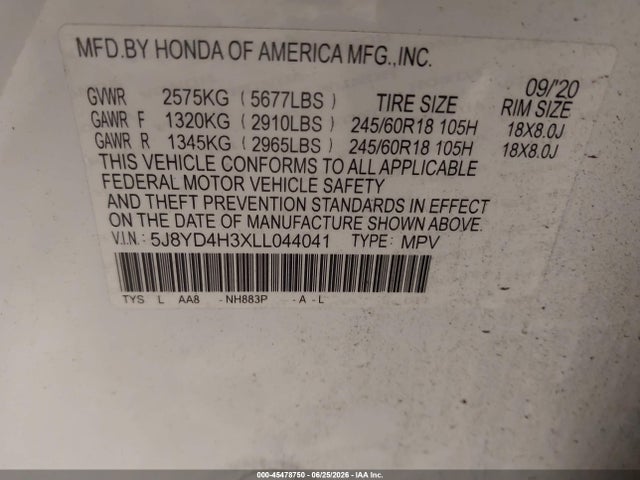 45478750 :رقم المزاد ، 5J8YD4H3XLL044041 vin ، 2020 Acura Mdx Standard مزاد بيع