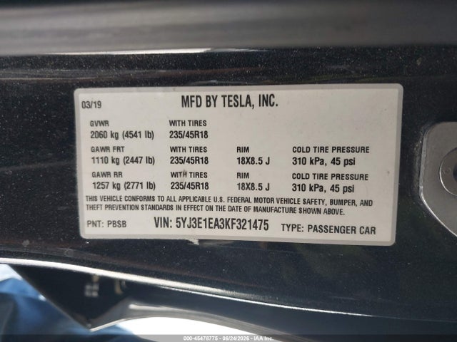 Tesla Model 3 Long Range/mid Range/standard Range/standard Range Plus 2019 5YJ3E1EA3KF321475 Image 9