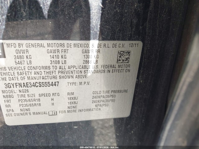 Продажа на аукционе авто 2012 Cadillac Srx Luxury Collection, vin: 3GYFNAE34CS555447, номер лота: 45478810