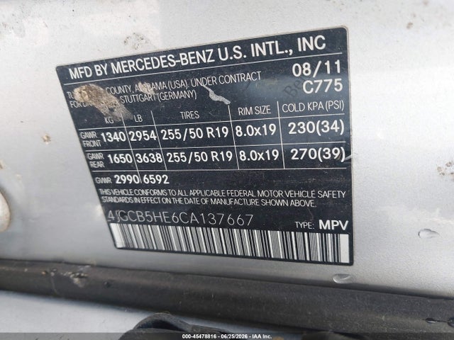 Aukcja sprzedaży 2012 Mercedes-benz R 350 4matic, vin: 4JGCB5HE6CA137667, numer aukcji: 45478816