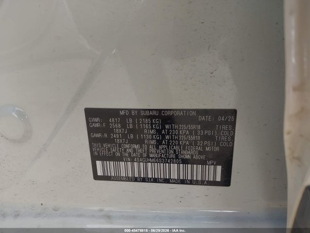 Aukcja sprzedaży 2025 Subaru Crosstrek Limited, vin: 4S4GUHM66S3742805, numer aukcji: 45478818