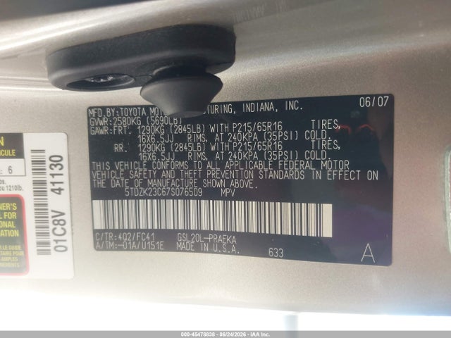 Продажа на аукционе авто 2007 Toyota Sienna Le, vin: 5TDZK23C67S076509, номер лота: 45478838