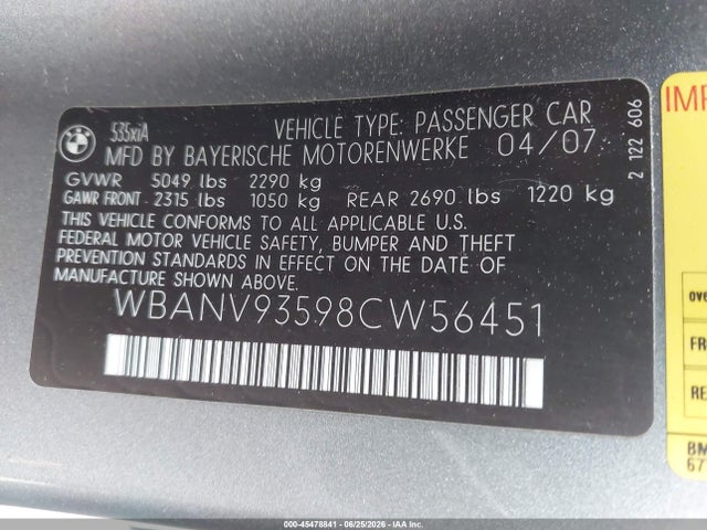 Продаж на аукціоні авто 2008 Bmw 535xi, vin: WBANV93598CW56451, номер лоту: 45478841