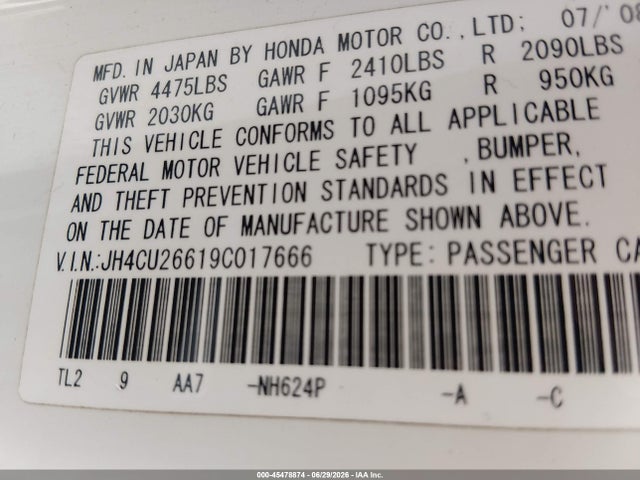 Aukcja sprzedaży 2009 Acura Tsx, vin: JH4CU26619C017666, numer aukcji: 45478874