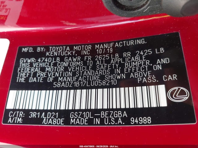 45478905 :رقم المزاد ، 58ADZ1B17LU058210 vin ، 2020 Lexus Es 350 مزاد بيع