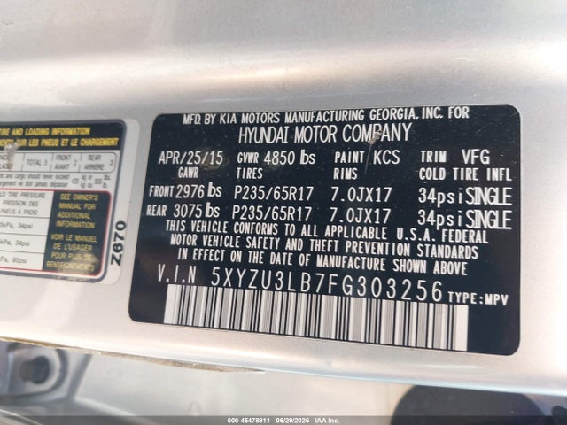 Продажа на аукционе авто 2015 Hyundai Santa Fe Sport 2.4l, vin: 5XYZU3LB7FG303256, номер лота: 45478911