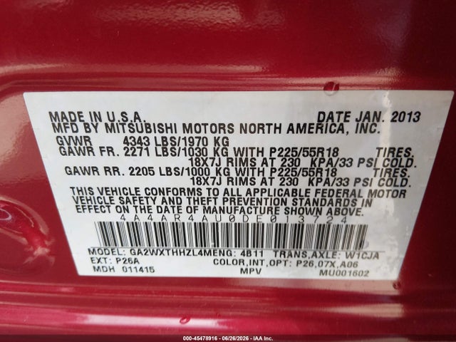 2013 Mitsubishi Outlander Sport Se მანქანა იყიდება აუქციონზე, vin: 4A4AR4AU0DE013724, აუქციონის ნომერი: 45478916