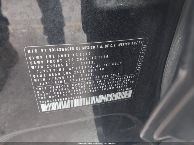2018 Volkswagen Tiguan 2.0t S მანქანა იყიდება აუქციონზე, vin: 3VV0B7AX5JM028326, აუქციონის ნომერი: 45478918