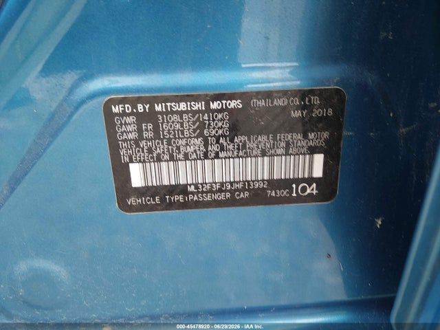 Auction sale of the 2018 Mitsubishi Mirage G4 Es, vin: ML32F3FJ9JHF13992, lot number: 45478920