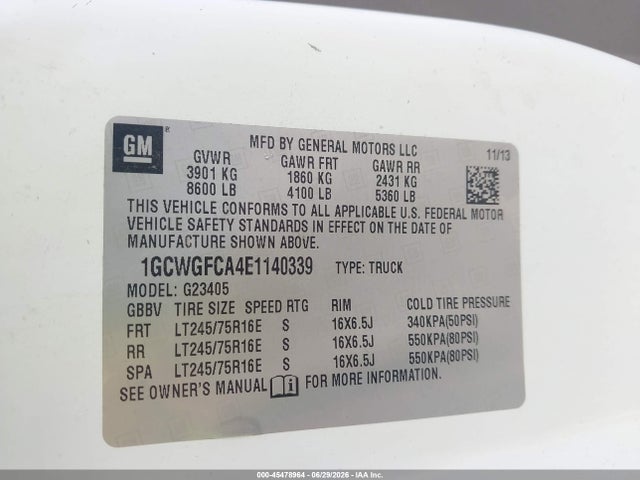 2014 Chevrolet Express 2500 Work Van მანქანა იყიდება აუქციონზე, vin: 1GCWGFCA4E1140339, აუქციონის ნომერი: 45478964