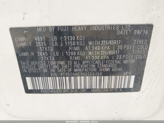 Продаж на аукціоні авто 2017 Subaru Outback 2.5i, vin: 4S4BSAAC1H3250158, номер лоту: 45478975