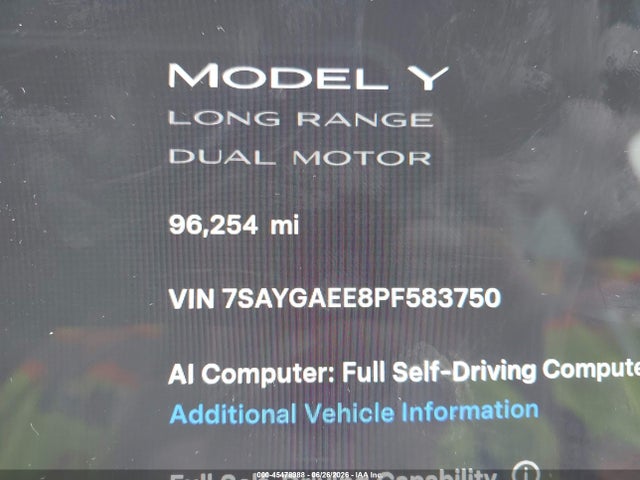 45478988 :رقم المزاد ، 7SAYGAEE8PF583750 vin ، 2023 Tesla Model Y Awd/long Range Dual Motor All-wheel Drive مزاد بيع